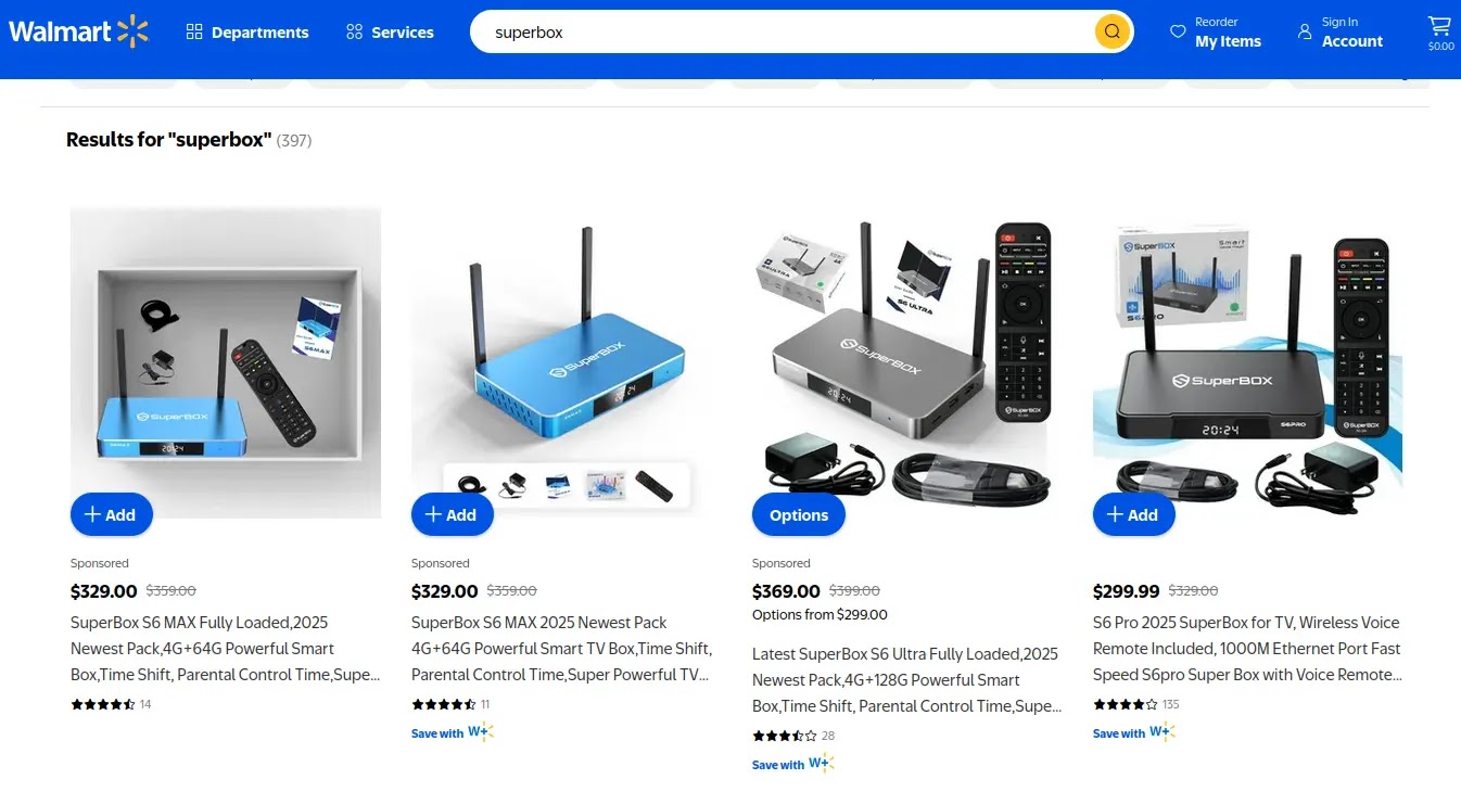 Κουτιά ροής πολυμέσων Superbox προς πώληση στο Walmart.com (Πηγή - KrebsOnSecurity)
